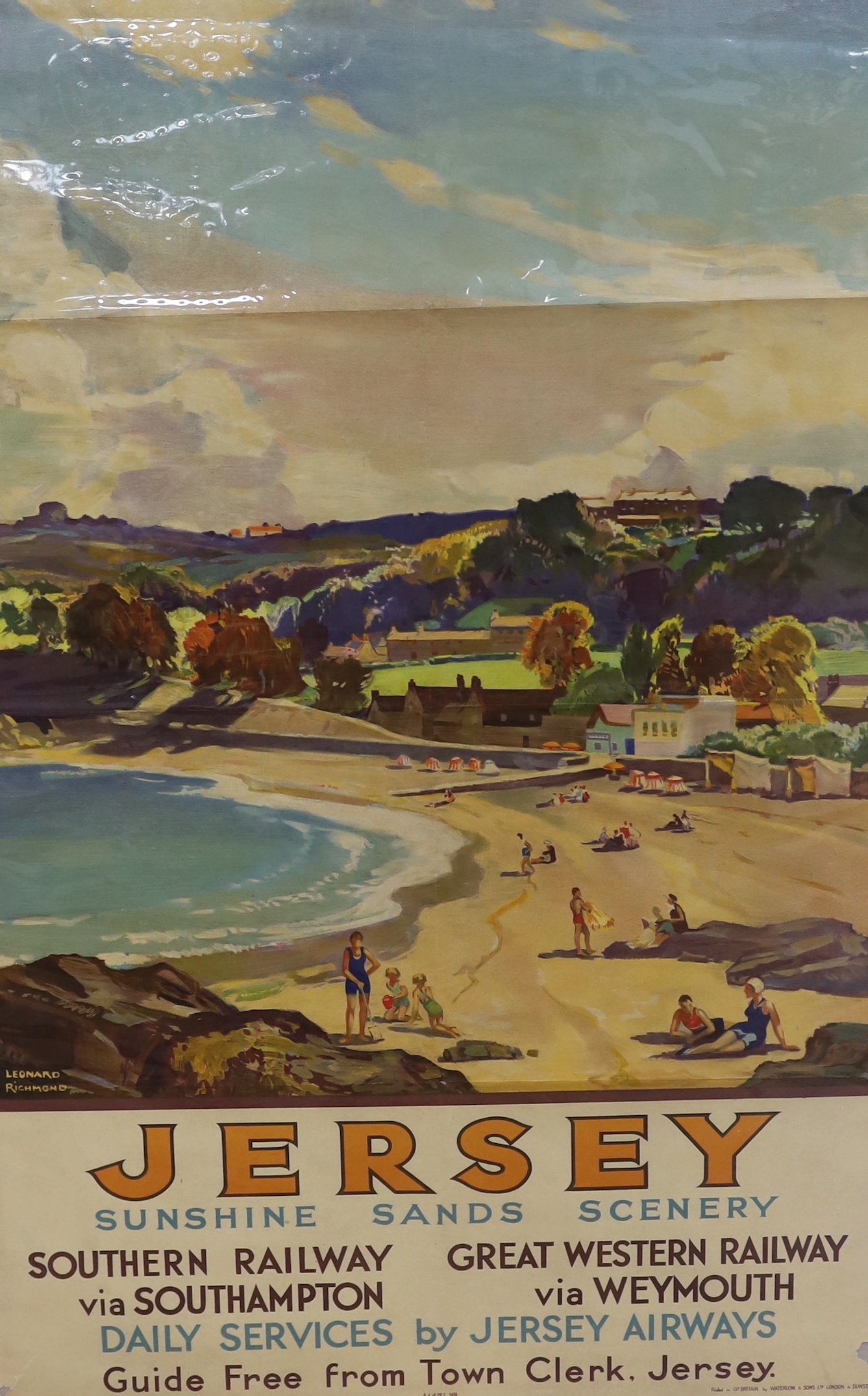 Leonard Richmond (1889-1965), lithographic poster, 'Jersey; Sunshine, Sands, Scenery', 1937, 101.5 x 63.5cm, unframed